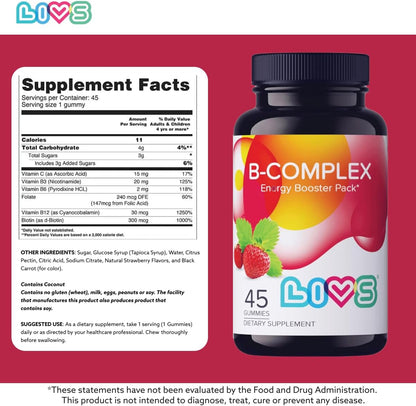 LIVS Vitamin B Complex Gummies with B12, Biotin, B3, B6 and Vitamin C – Strawberry Flavour (45 Count)
