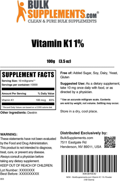 Vitamin K1 Powder - Phylloquinone Supplement for Bone and Heart Health Support - 100g (3.5 oz)