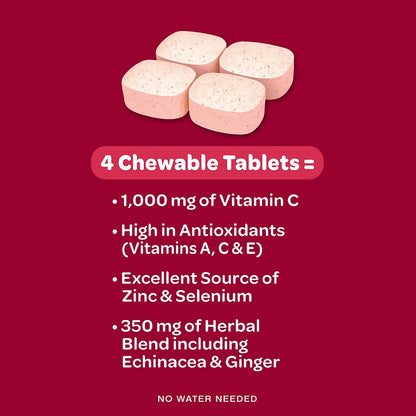Airborne 1000mg Vitamin C + Zinc Immune Support Supplement Chewable Tablets, Very Berry Flavour with Powerful Antioxidants Vitamins A C & E, 32 Chewable Tablets (2 Pack)