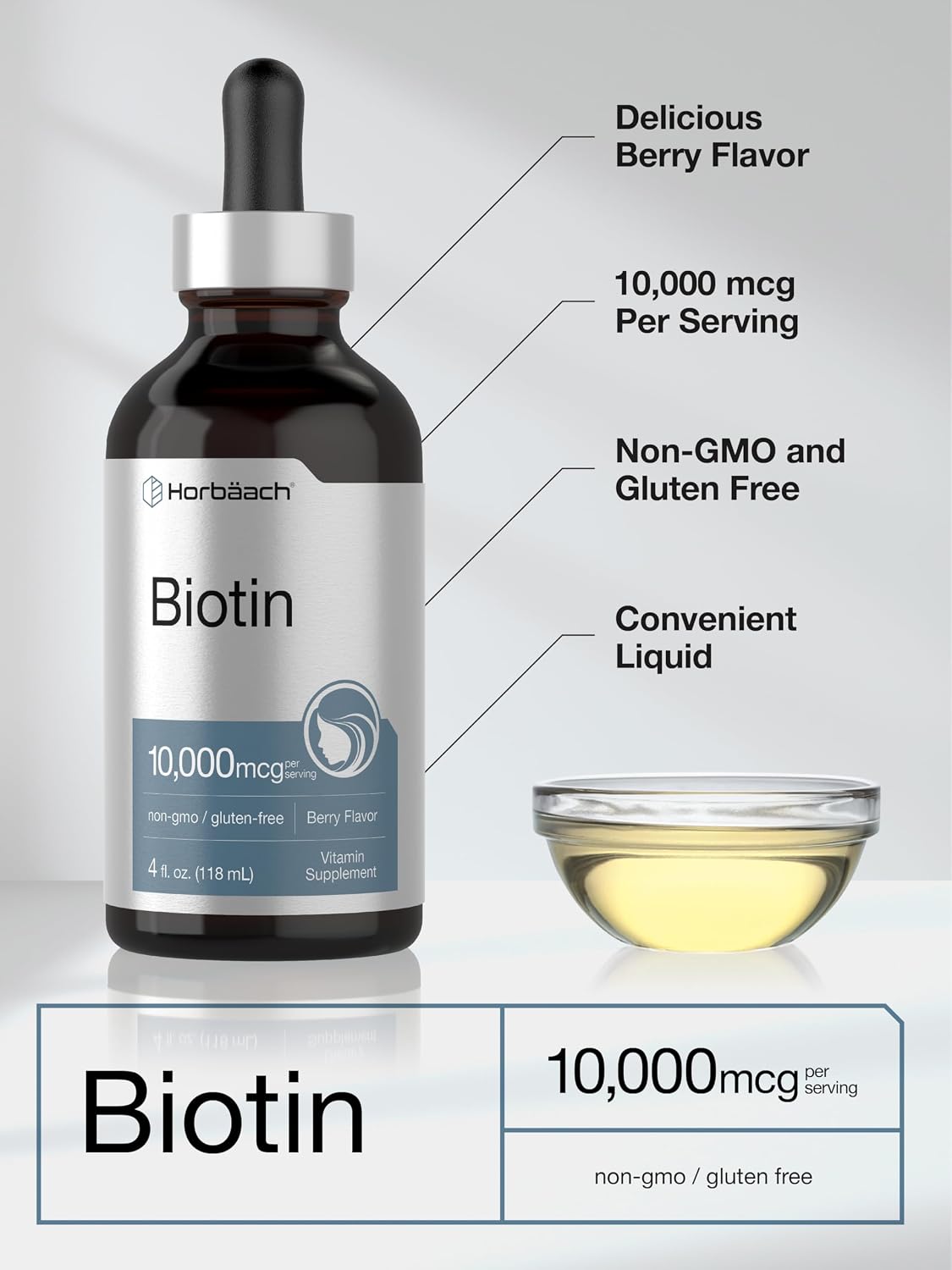 Horbäach Biotin Liquid Drops 10000mcg | 120 ml | Berry Flavour | Vegetarian, Non-GMO & Gluten-free Supplement - görsel 4