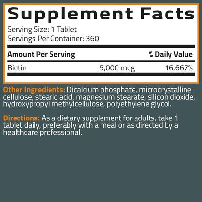 Bronson Biotin 5,000 mcg – High Potency for Healthy Hair, Skin and Nails – 360 Vegetarian Tablets