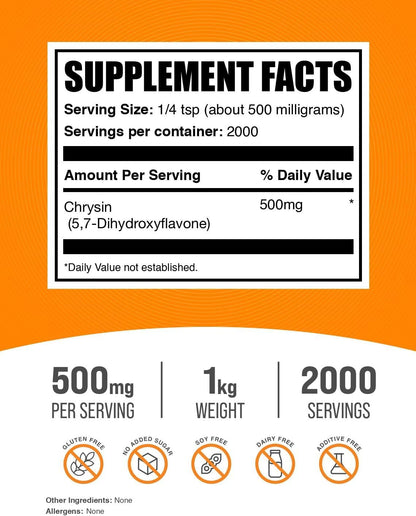 BulkSupplements.com Chrysin Powder - 5,7-Dihydroxyflavone, Antioxidant Food Supplement - Gluten-free, 500mg per Serving, 1kg