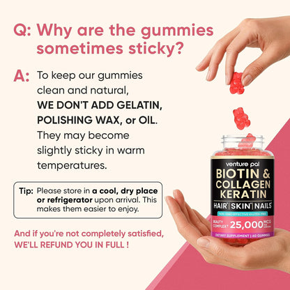 Venture Pal Biotin Gummies with Collagen and Keratin – Hair, Skin and Nail Support – 10,000mcg – 60 Gummies