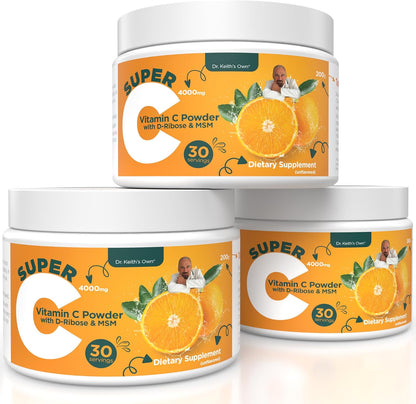 Dr. Keith's Own Super C - High-dose Powdered Vitamin C 4000mg with D-Ribose, Glycine, MSM - Unflavoured, 200 Grammes (30 Servings)