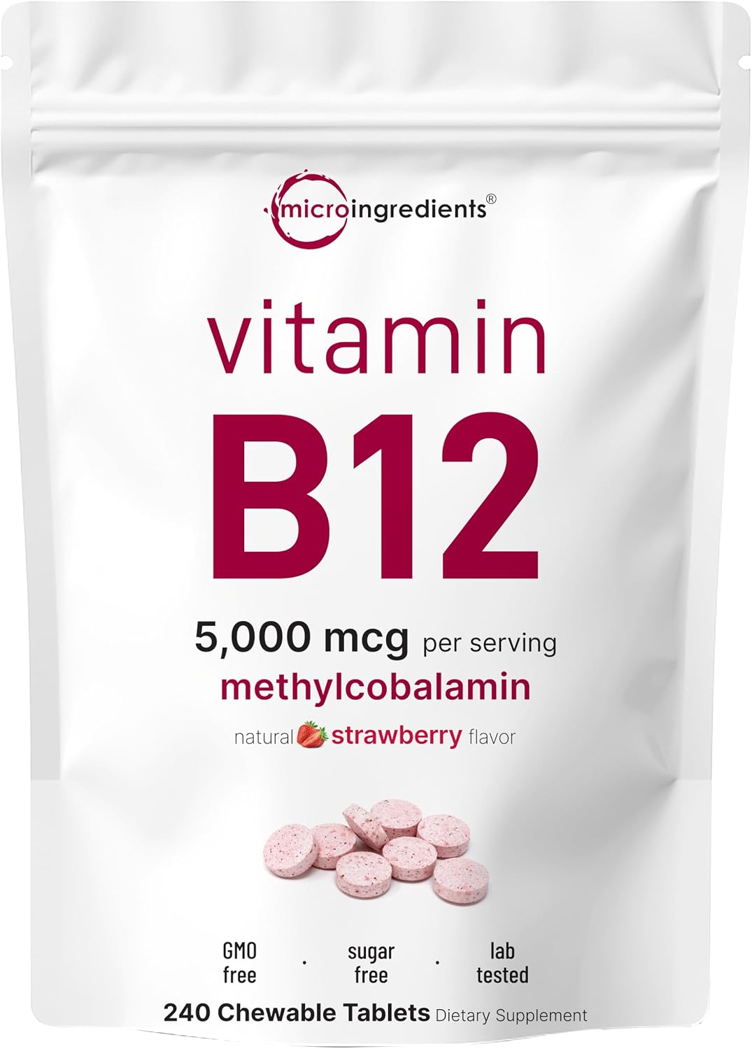 Micro Ingredients Vitamin B12 5,000 mcg | Methylcobalamin – 240 Chewable Tablets | Fast Dissolve, Natural Strawberry Flavour | Vegan, Non-GMO, Gluten-free - görsel 1