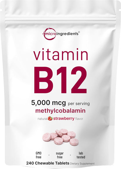 Micro Ingredients Vitamin B12 5,000 mcg | Methylcobalamin – 240 Chewable Tablets | Fast Dissolve, Natural Strawberry Flavour | Vegan, Non-GMO, Gluten-free