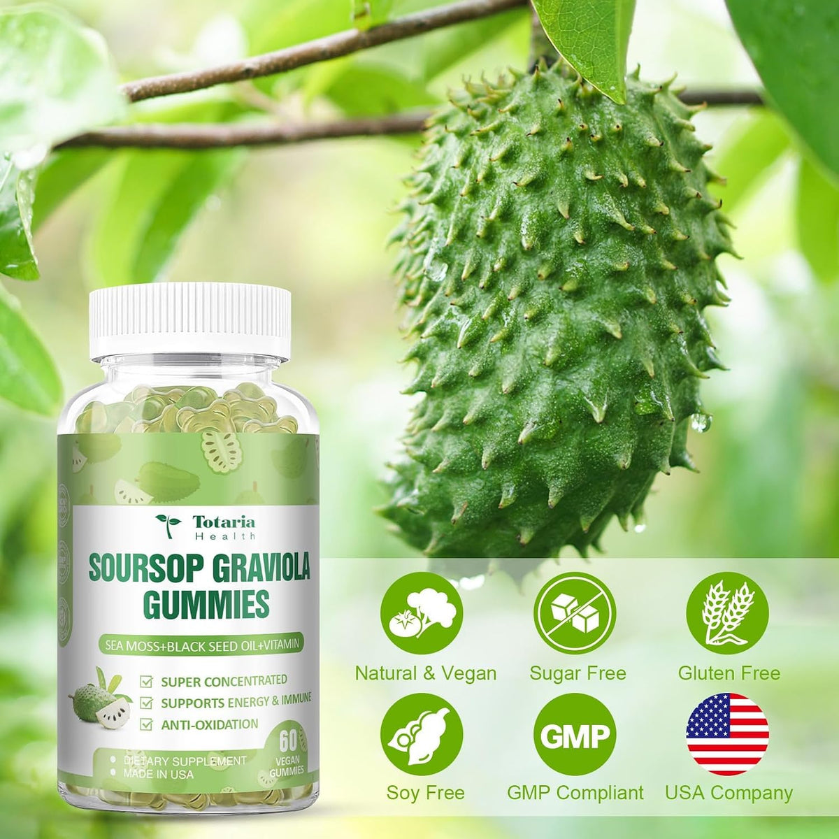 Totaria Sugar Free Soursop Oil Graviola Sea Moss Gummies - Supports Digestive, Sleep, Skin Health, Immunity & Antioxidant - Guanabana Fruit with Sea Moss, 150mg Black Seed Oil Organic Non-GM Vegan - görsel 5