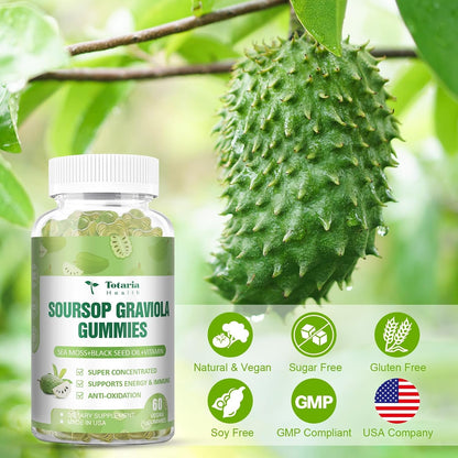 Totaria Sugar Free Soursop Oil Graviola Sea Moss Gummies - Supports Digestive, Sleep, Skin Health, Immunity & Antioxidant - Guanabana Fruit with Sea Moss, 150mg Black Seed Oil Organic Non-GM Vegan