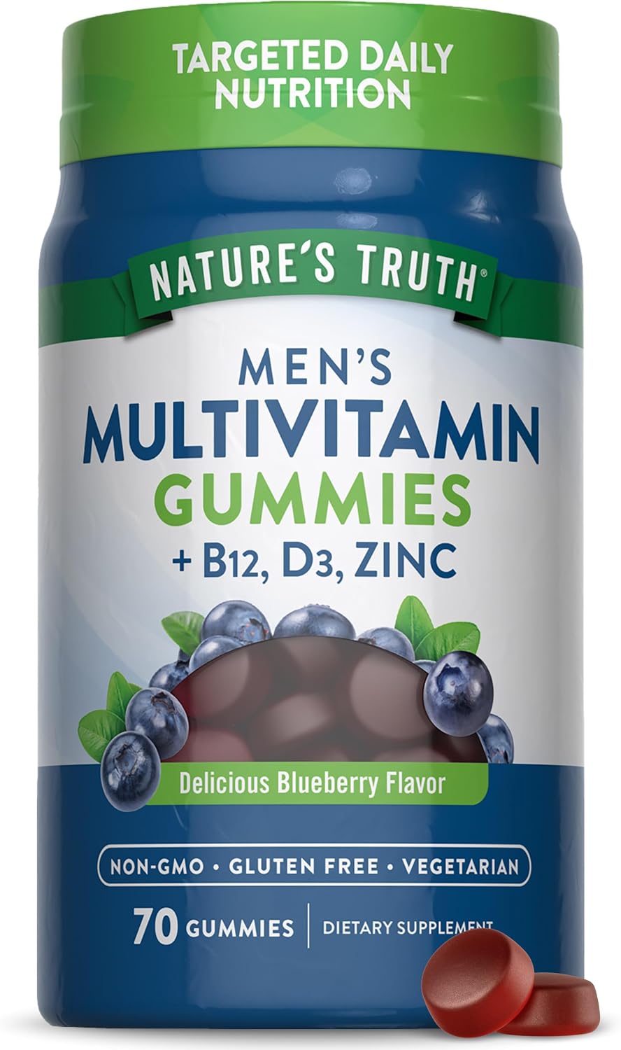 Nature's Truth Multivitamin for Men Gummies – 70 Gummies – Blueberry Flavour – with B12, D3 & Zinc – Vegetarian, Non-GMO & Gluten-free - görsel 1