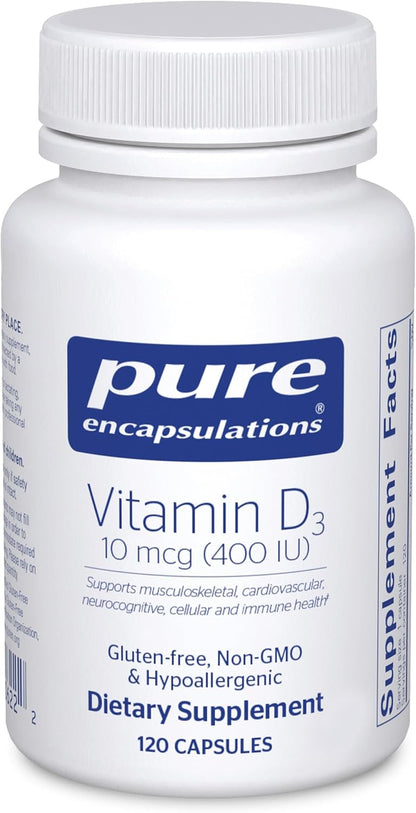 Pure Encapsulations Vitamin D3 10 µg (400 IU) – Hypoallergenic Support for Bone, Immune, and Cellular Health – 120 Capsules
