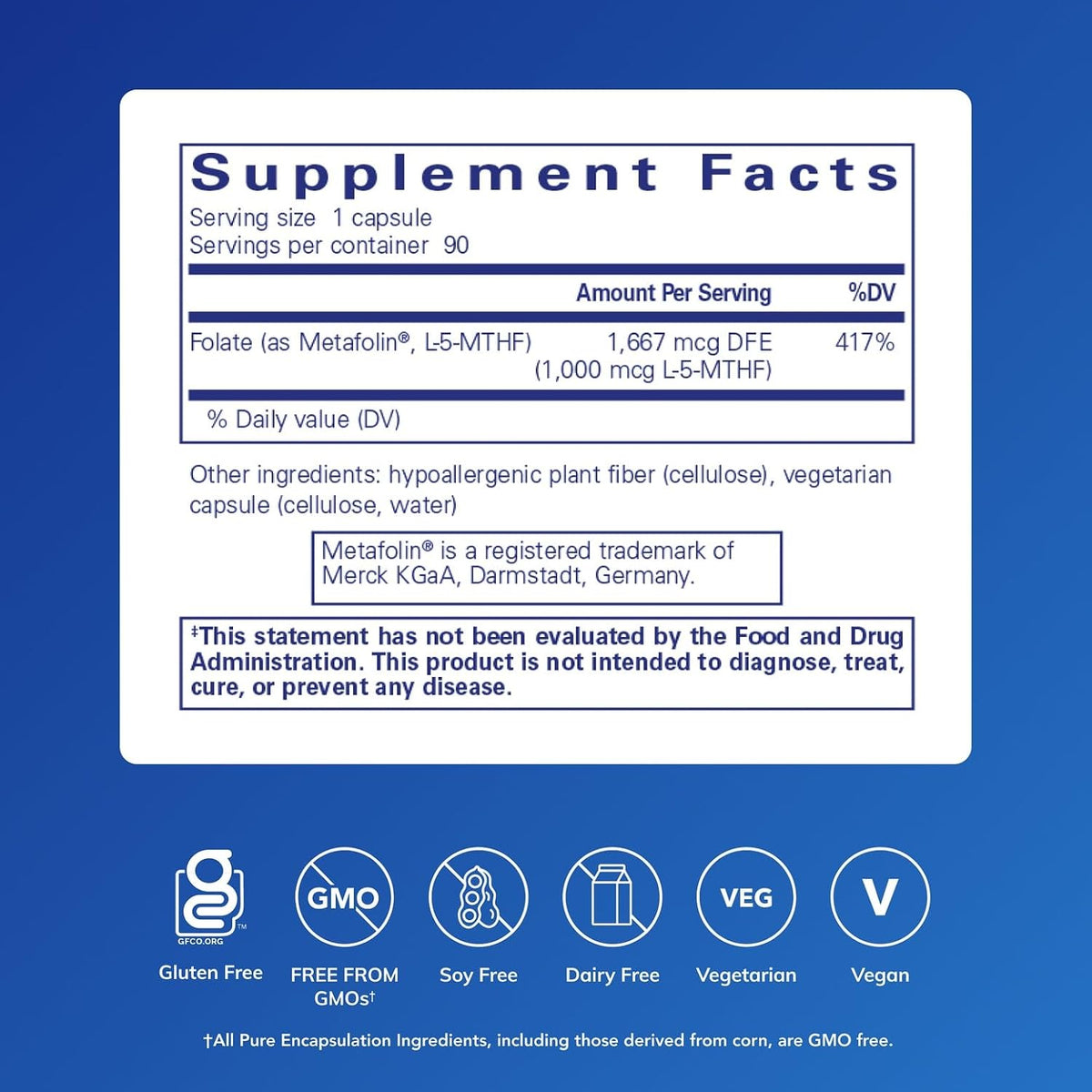 Pure Encapsulations Folate 1000 - Metafolin L-5-MTHF - Heart Health Supplement* - Folate Supplement - Non-GM & Gluten-free - 90 Capsules - görsel 2