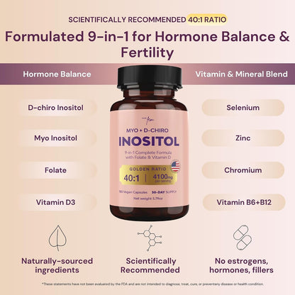 QSTA Myo-Inositol & D-Chiro Inositol Supplement for Women 4100mg (40:1 Ratio) – 9-in-1 Daily Wellness Support with Folate, Vitamin B6, B12, D3, Zinc & Chromium