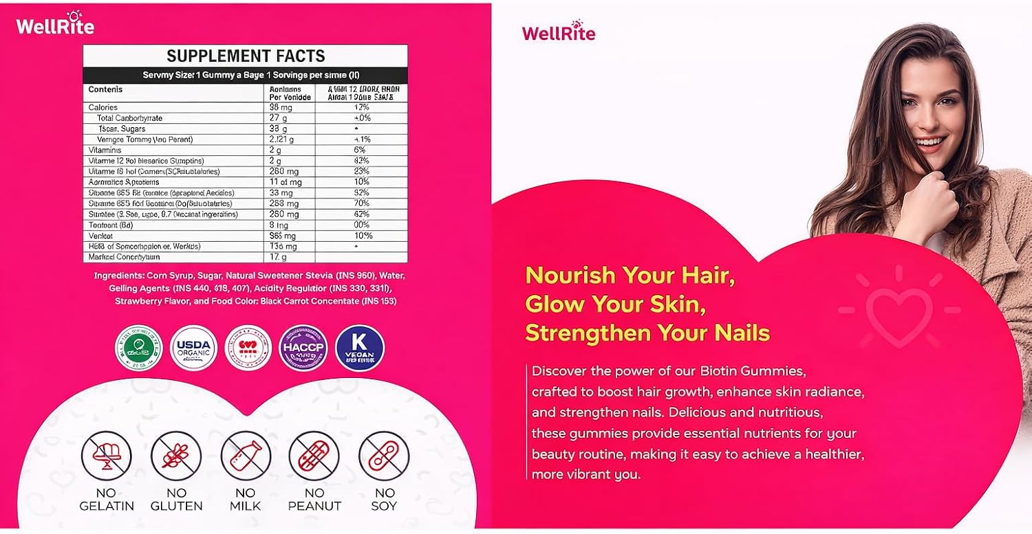 Wellrite Hair, Skin & Nail Gummy Vitamins - Strawberry Flavoured - 60 Count - Vegan & Gluten-free - görsel 5
