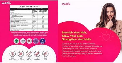 Wellrite Hair, Skin & Nail Gummy Vitamins - Strawberry Flavoured - 60 Count - Vegan & Gluten-free