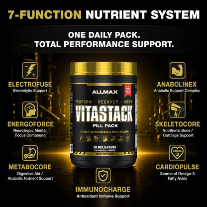 ALLMAX VITASTACK Multivitamin Sachets – 30 Daily Sachets with Omega-3, BCAAs & Enzymes