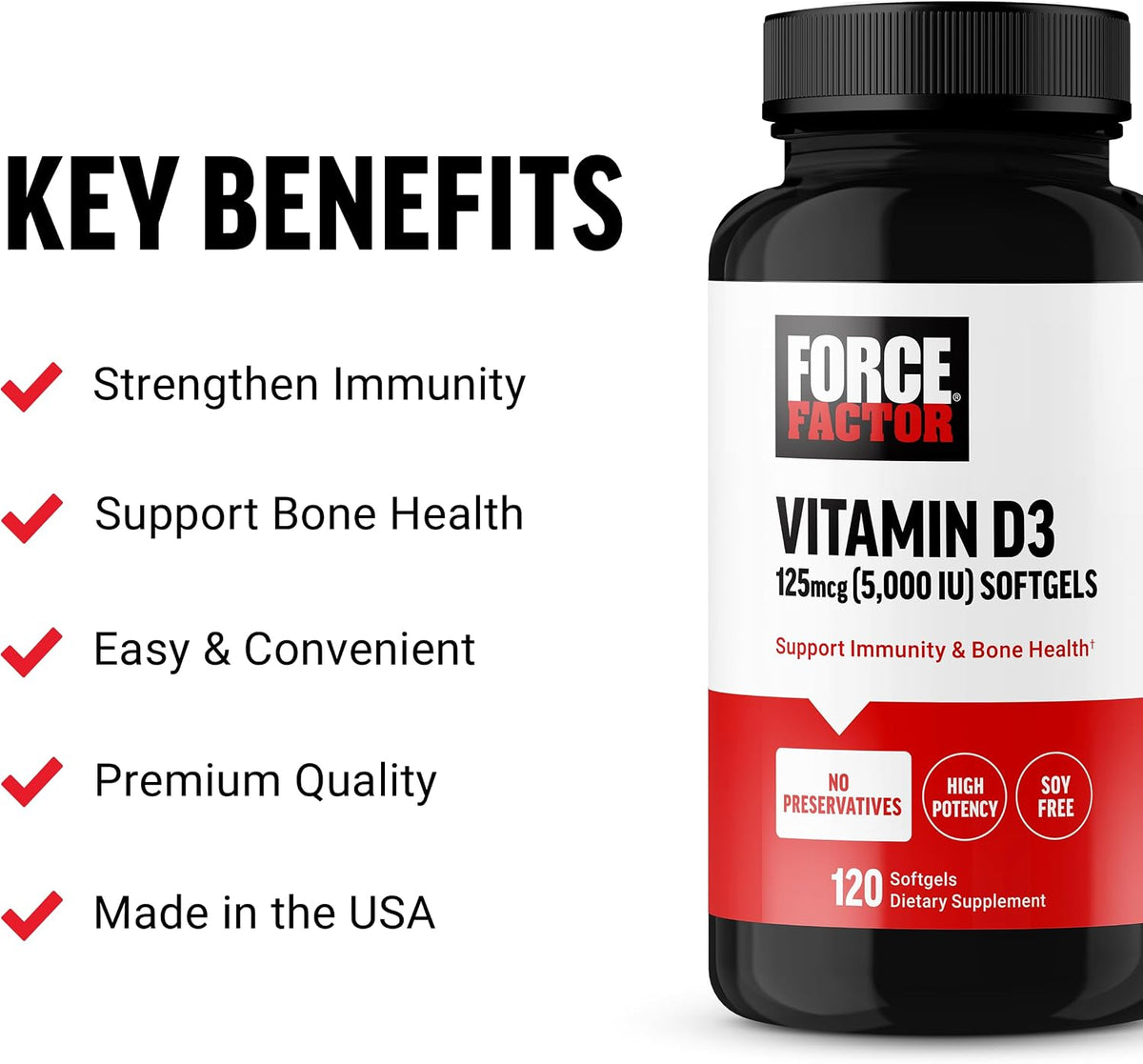 Force Factor Vitamin D3 5000 IU Softgels - High-Potency Vitamin D Supplement for Immune and Bone Health, 120 Softgels - görsel 2