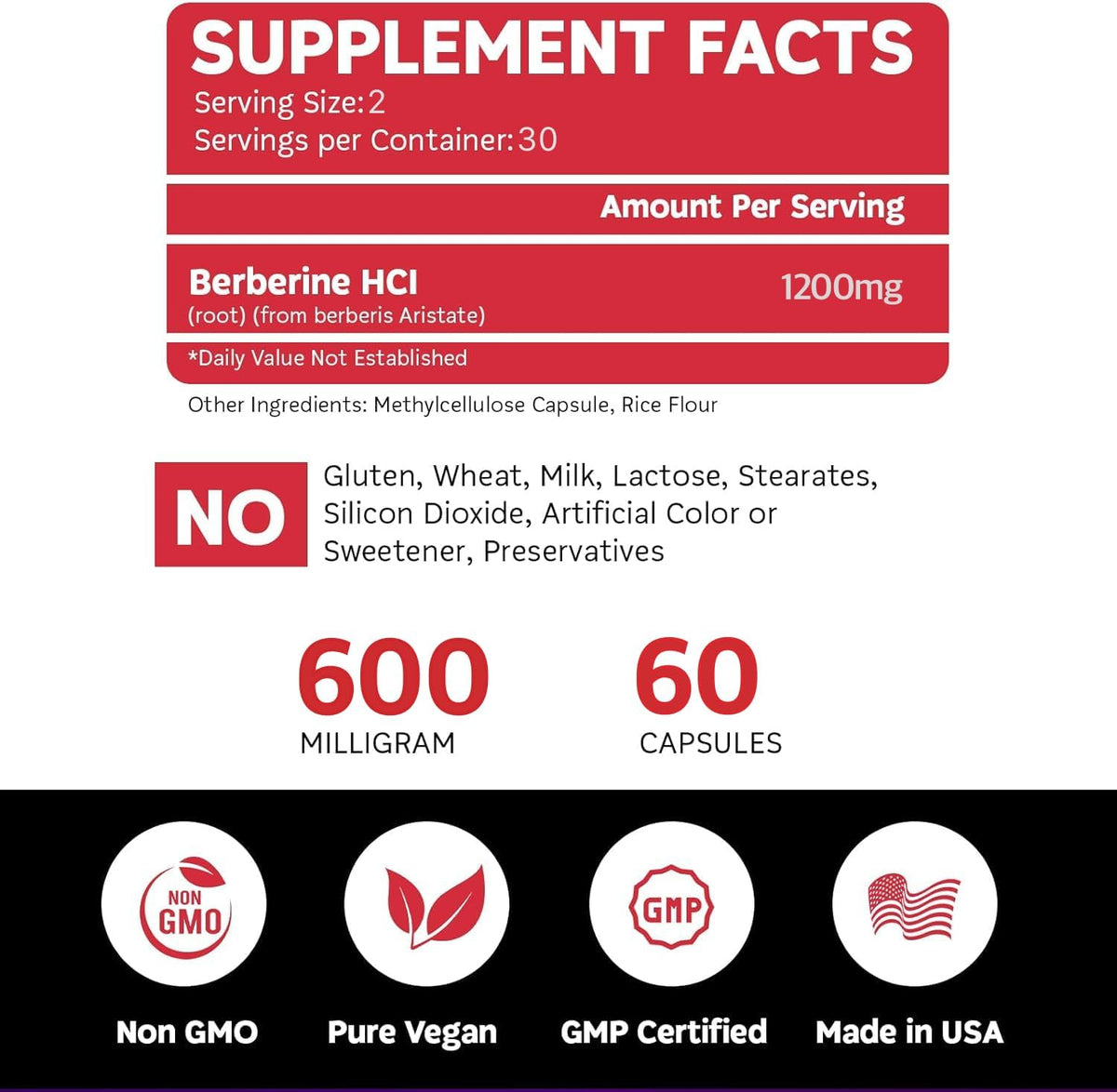 BoostCeuticals Berberine Supplement 1200mg (2 x 600mg) - Berberine HCl Vegan Capsules - Daily Wellness Support - Gluten-free Non GMO - 60 Capsules - görsel 6