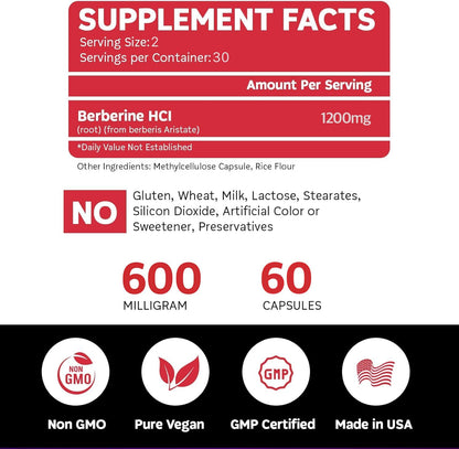 BoostCeuticals Berberine Supplement 1200mg (2 x 600mg) - Berberine HCl Vegan Capsules - Daily Wellness Support - Gluten-free Non GMO - 60 Capsules