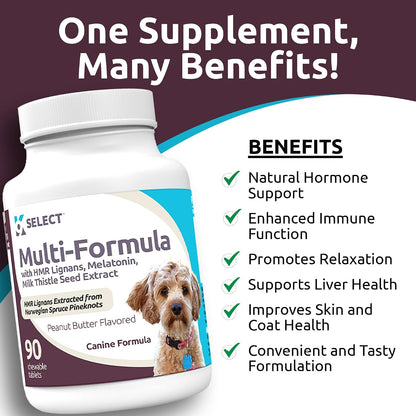 K9 Select Multi-Formula Dog Vitamins for Smaller Dogs - 10mg HMR Lignans, 1mg Melatonin, 20mg Milk Thistle - 90 Chewable Tablets, Peanut Butter Flavour