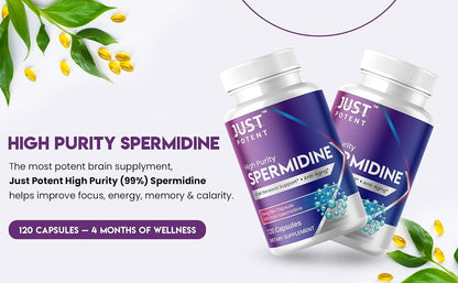 Just Potent High Purity (99%) Spermidine Supplement – 120 Capsules, 10mg Each – Cell Renewal Support