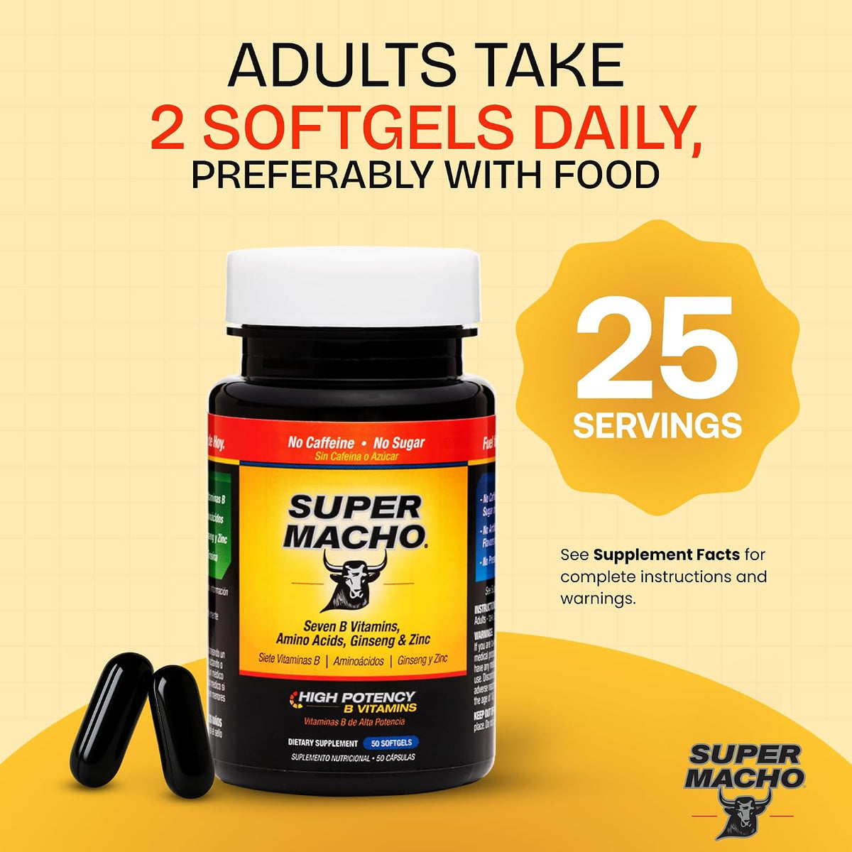 Super Macho High Potency B Vitamins and Amino Acids Supplement for Men, 50 Softgels - görsel 3