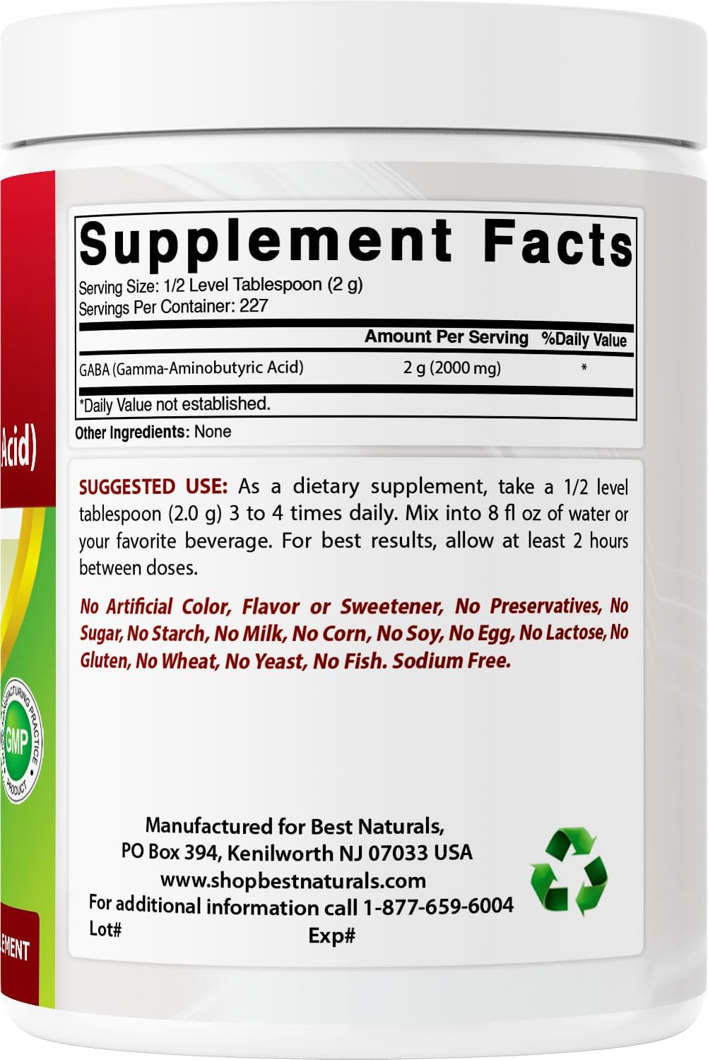 Best Naturals GABA (Gamma Aminobutyric Acid) Pure Powder, 454g - görsel 6