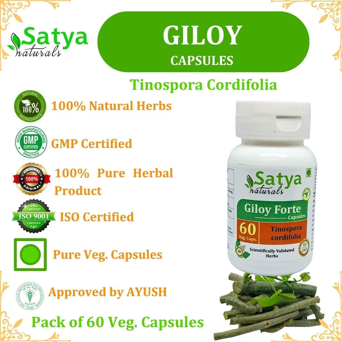 Satya Naturals Giloy Forte Capsules 500 mg - 120 Vegetable Capsules (2-Pack) - Guduchi (Tinospora Cordifolia) Extract - Ayurvedic Supplement - görsel 7