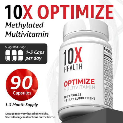 10X Health Optimise Methylated Multivitamin for Men and Women - 90 Capsules, 34-in-1 Formula with 800 mcg B12, 5-MTHF, NAC