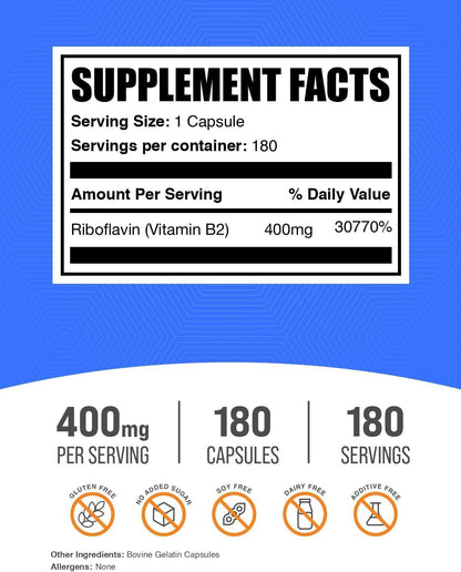 Riboflavin Capsules (Vitamin B2) 400 mg, 180 Capsules
