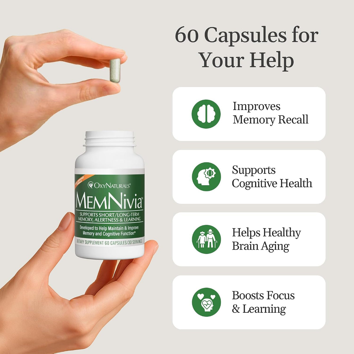 MemNivia Brain Supplement for Memory & Focus – Dual-Sage Stem Cell Formula with Cognivia, Bacopa, Holy Basil & Ginger – 60 Capsules - görsel 7