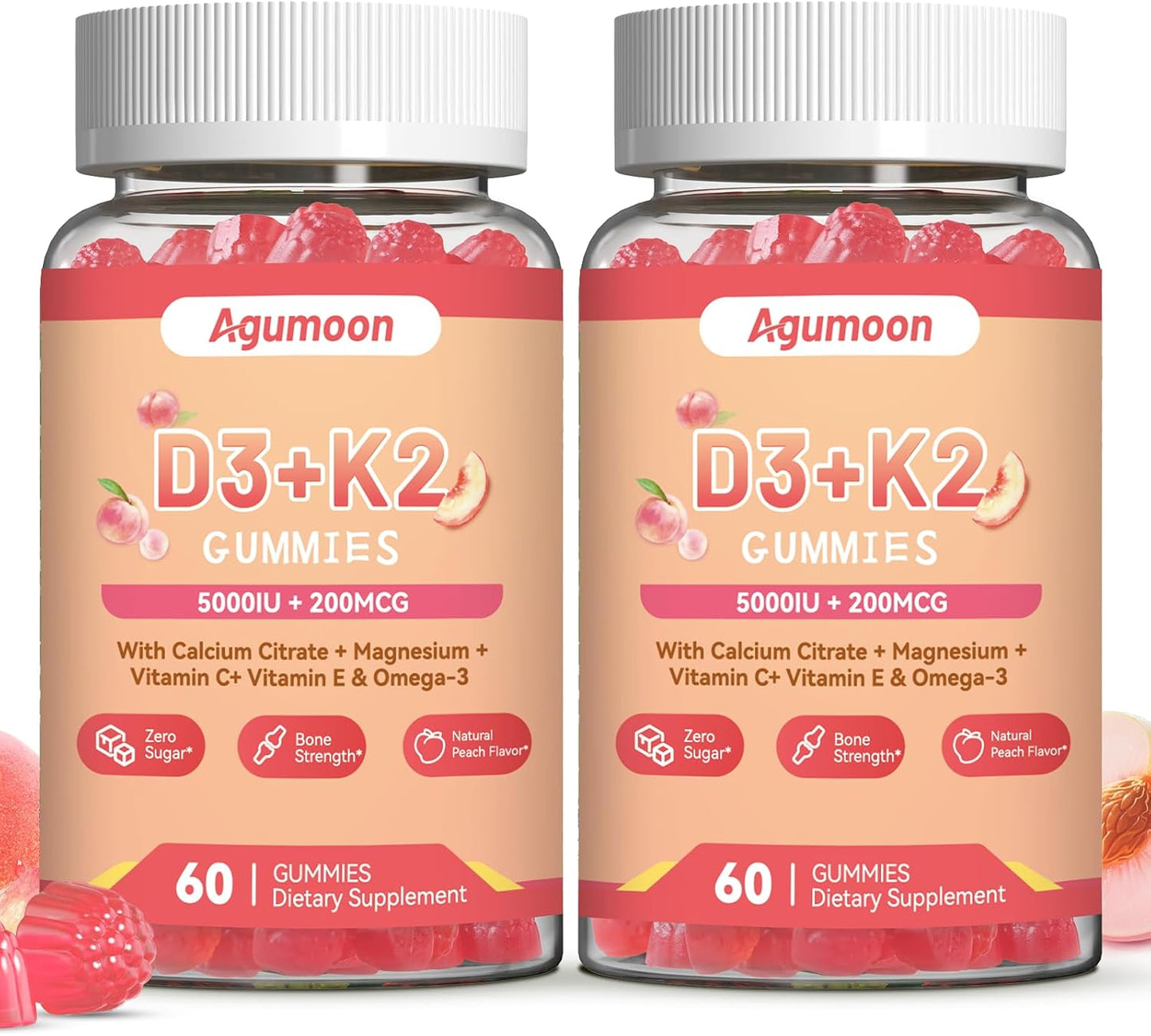 Vitamin D3 K2 Gummies for Adults – 5000 IU D3 + 200 mcg K2 (MK-7) with Omega-3, Calcium, Magnesium – 120 Gummies - görsel 1