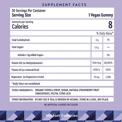 WELL THEORY D3 Gummy - Bone, Immune & Psychological Support with Magnesium & Vitamin B12, Strawberry Flavour, 30 Vegan Gummies