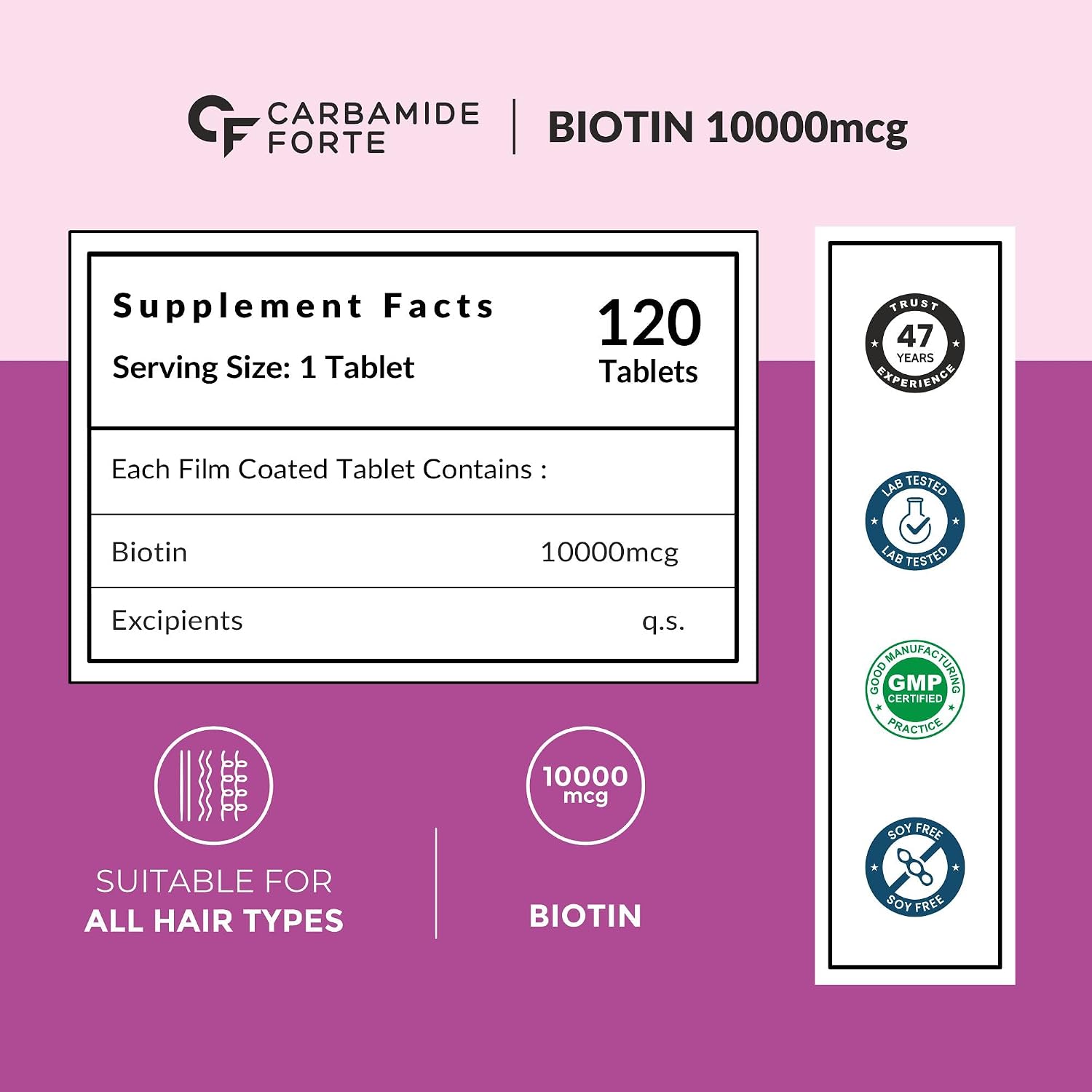 Carbamide Forte Biotin 10000mcg (High Potency) Vegetarian Tablets – For Hair Growth, Glowing Skin and Strong Nails – 120 Tablets - görsel 1