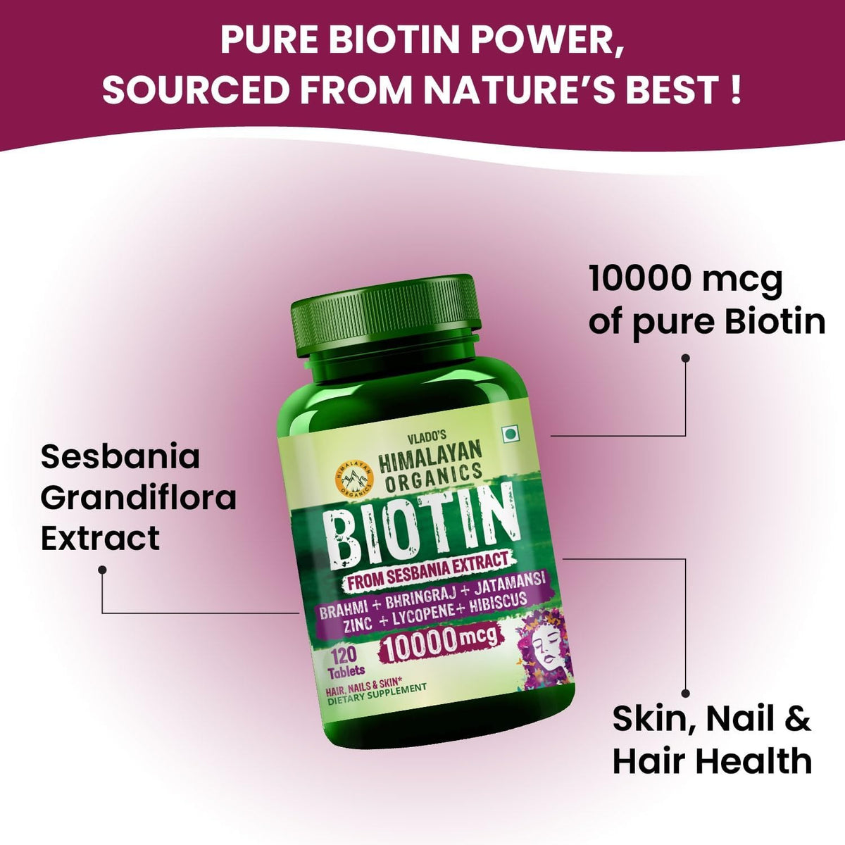 Himalayan Organics Biotin 10000mcg for Hair, Skin and Nails Tablets - 120 Count - görsel 8