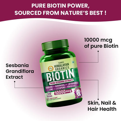 Himalayan Organics Biotin 10000mcg for Hair, Skin and Nails Tablets - 120 Count