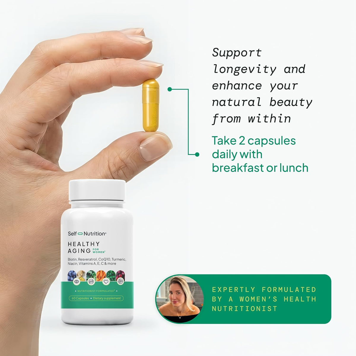 SELF NUTRITION NAD+ Resveratrol Supplement for Women – Healthy Ageing Formula with CoQ10, Biotin, Turmeric & Vitamins A, C, E – Supports Energy, Skin & Longevity – 60 Capsules. Made in the USA. - görsel 4