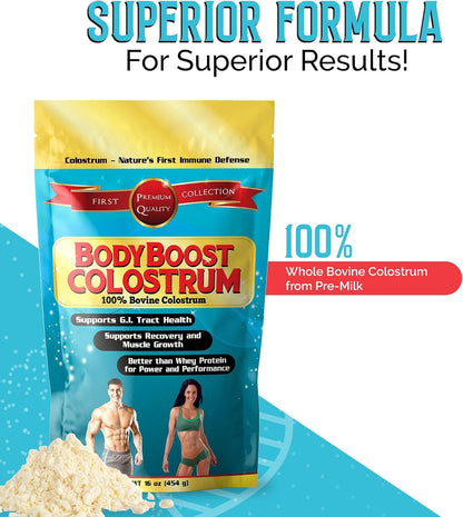 BodyBoost Whole Colostrum, 100% Bovine Colostrum Powder, Immune Support with Immunoglobulin and Lactoferrin, Grass Fed Colostrum for Gut Health, 454 g