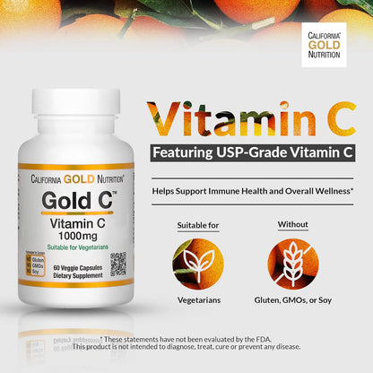 California Gold Nutrition Vitamin C, 1000 mg Veggie Capsules, 60 Count