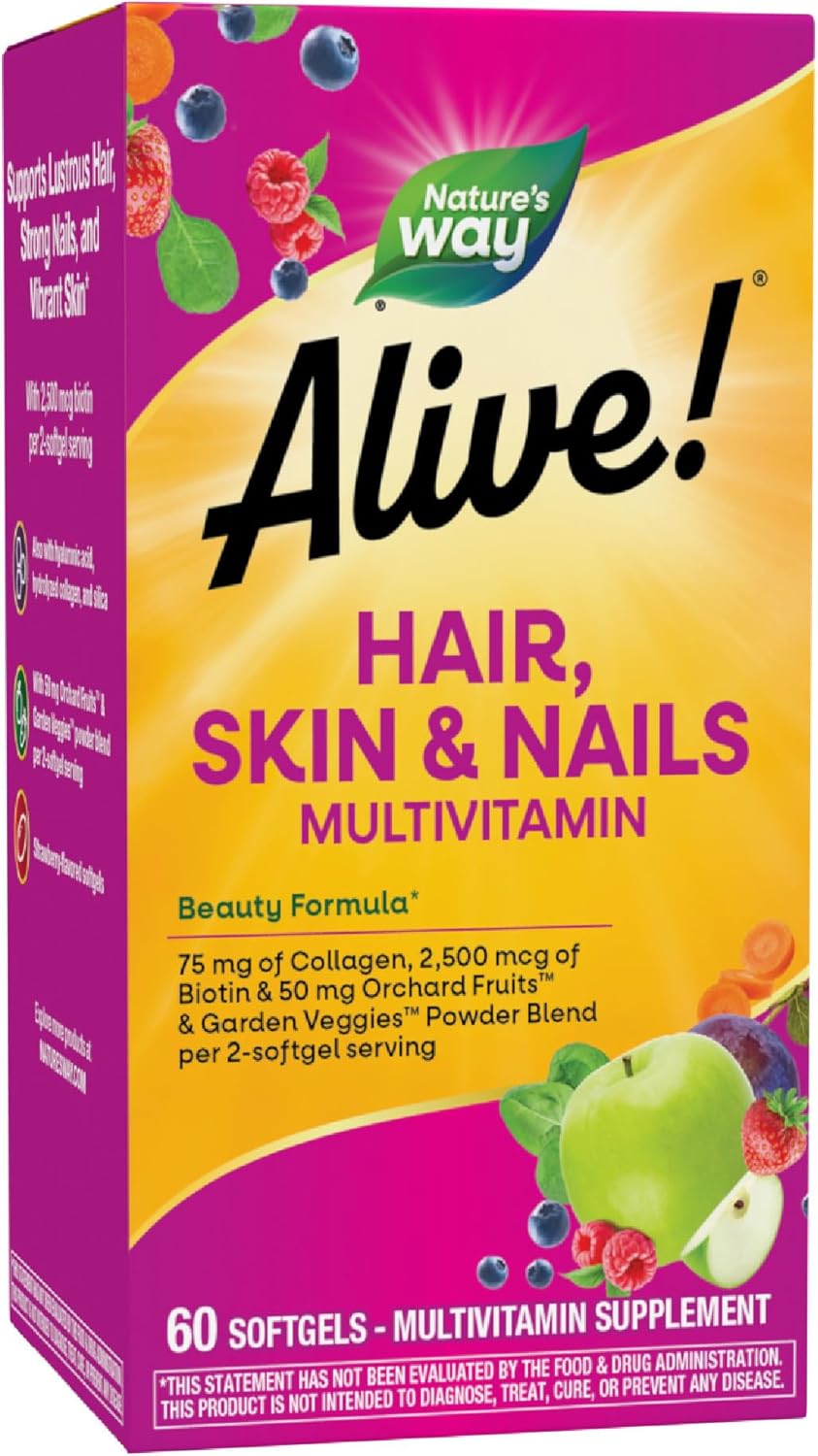 Nature's Way Alive! Hair, Skin & Nails Multivitamin with Collagen and Biotin, 60 Soft gel capsules - görsel 1