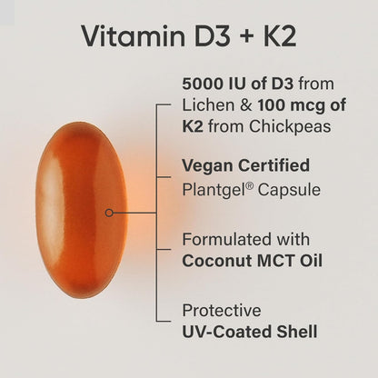 Sports Research Vitamin D3 + K2 with Coconut Oil - Vegan 5000 IU D3 & 100 mcg K2 MK-7 - 30 Soft gel capsule Capsules