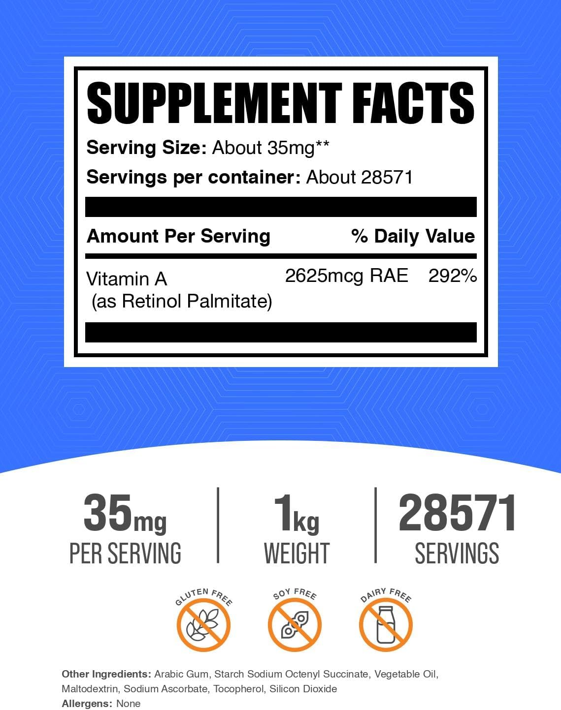 BulkSupplements.com Vitamin A Palmitate Powder (Retinyl Palmitate) - 1kg (2.2 lbs) - Gluten-free - görsel 2