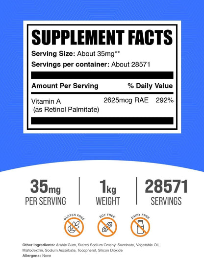BulkSupplements.com Vitamin A Palmitate Powder (Retinyl Palmitate) - 1kg (2.2 lbs) - Gluten-free