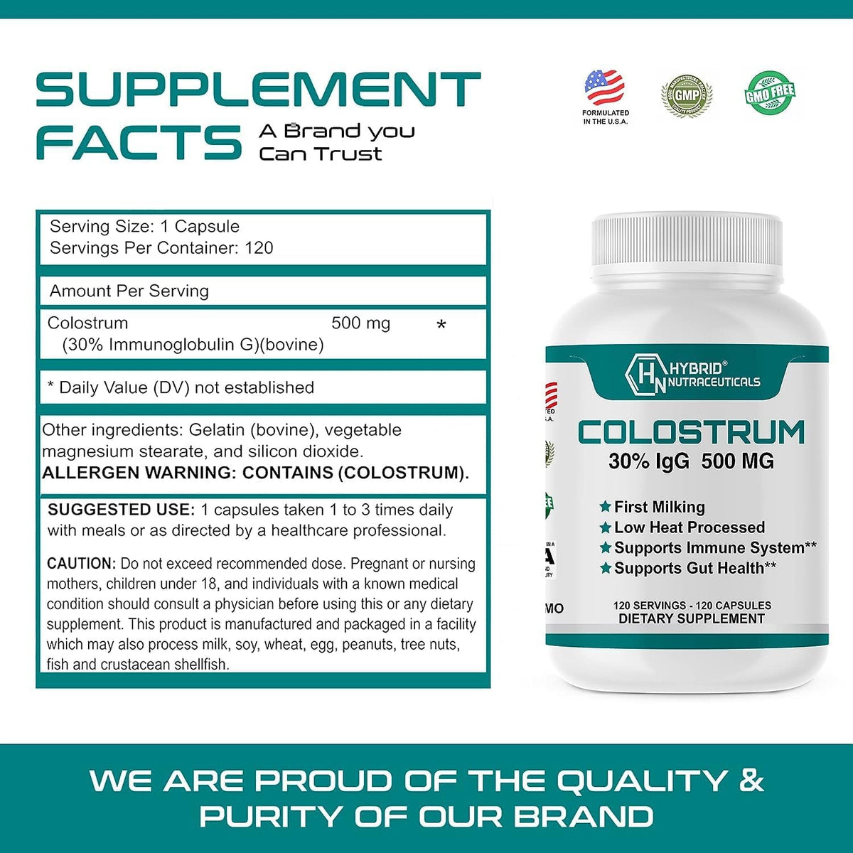 Hybrid Nutraceuticals Bovine Colostrum Supplement - 240 Capsules, 500mg, 30% IgG - görsel 7