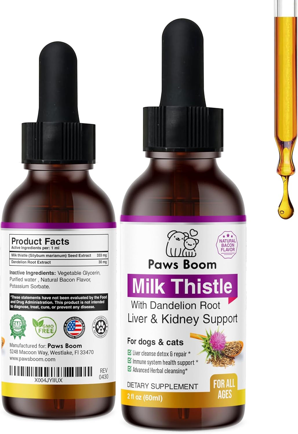 Milk Thistle for Dogs and Cats - Liver Support with Dandelion Root, Bacon Flavour, 59 ml - görsel 1