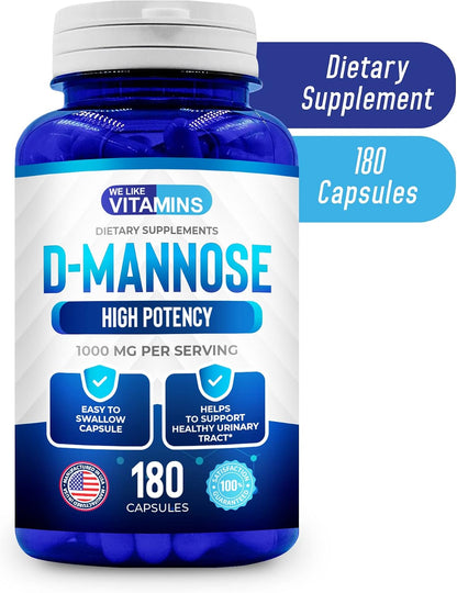 D-Mannose 1000mg Capsules – 180 Easy-to-Swallow Veggie Capsules