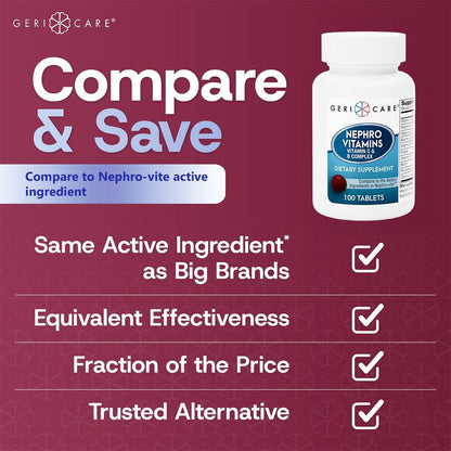 GeriCare Nephro Vitamin C & B Complex Tablets, 100 Count – Daily Kidney Health & Energy Support