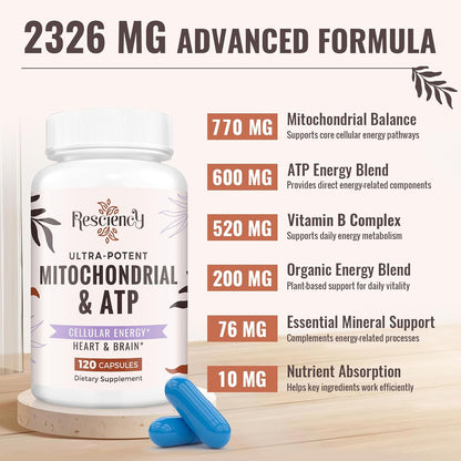 Resciency Mitochondrial Supplements with ATP, CoQ10 and PQQ, 240 Capsules
