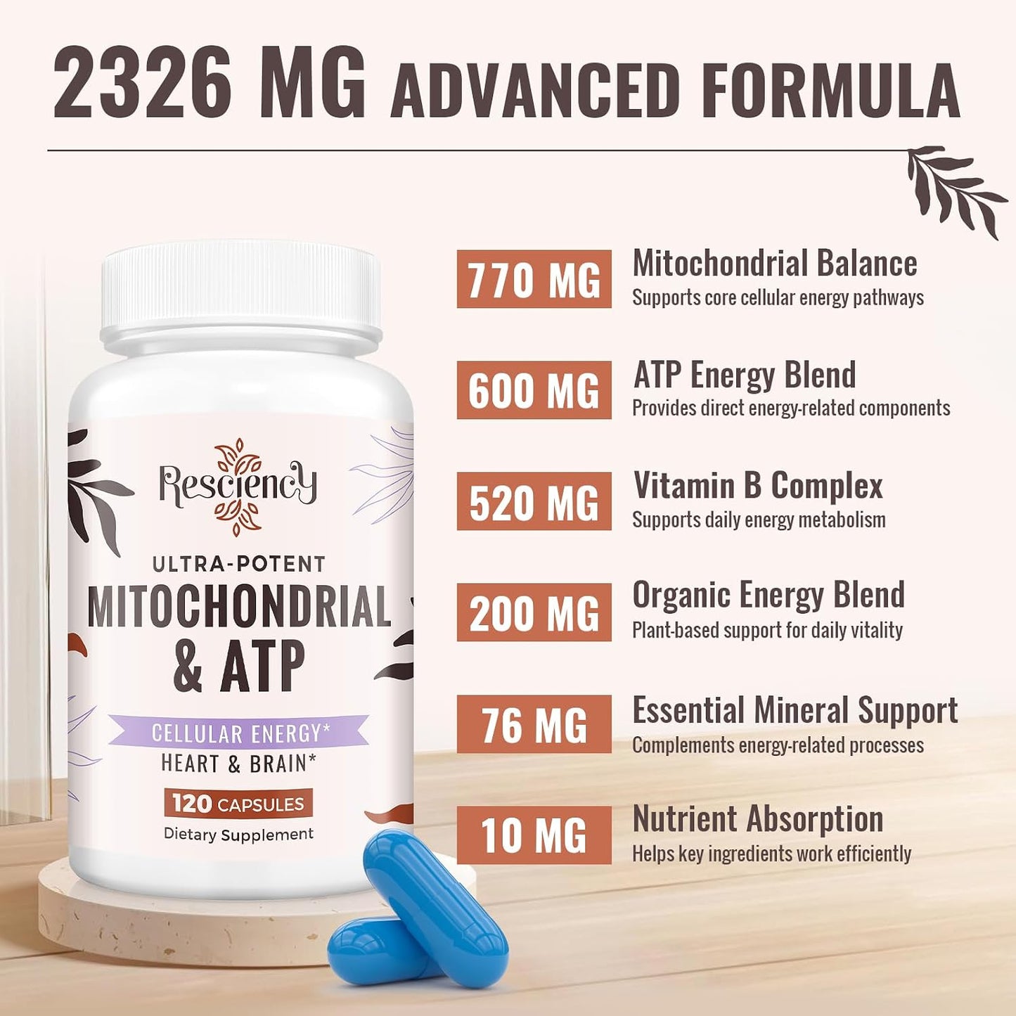 Resciency 2326 mg Mitochondrial Supplement with ATP, CoQ10, PQQ, and Organic Ingredients - 120 Capsules - görsel 3