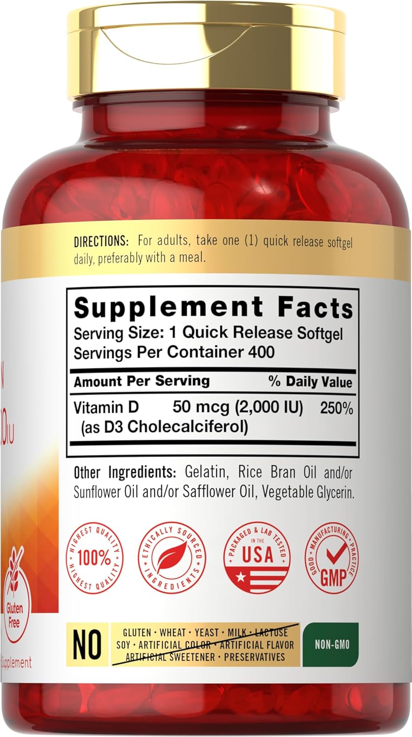 Carlyle Vitamin D3 2000IU Softgels - 400 Capsules, Non-GM, Gluten-free - görsel 2