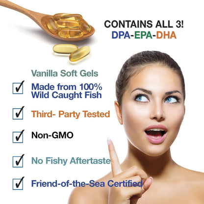 Triple Strength Fish Oil - Ultra Pure Wild Caught Omega-3 with DPA, EPA & DHA - 2900 mg - 90 Softgels - Non-GMO, Burp-Free, Vanilla Flavour